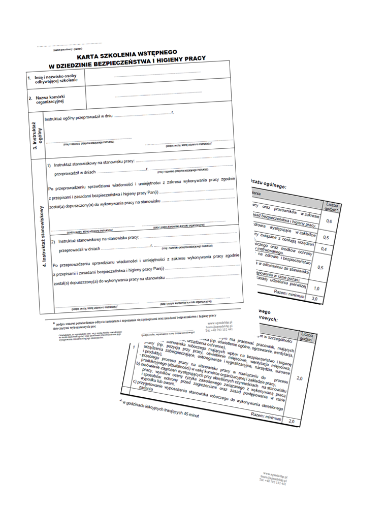 Wzór – Karta szkolenia wstępnego BHP