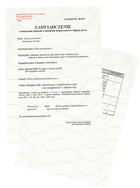 Wzór - Zaświadczenie ze szkolenia okresowego BHP