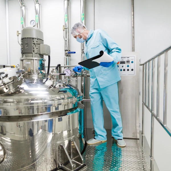 Pracownik przy analizie bhp maszyny do produkcji kosmetyków - pomiary środowiska pracy